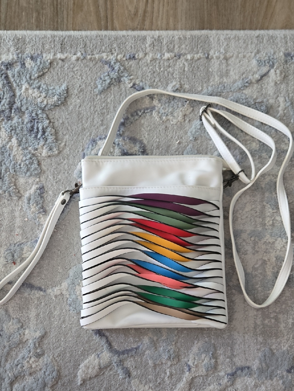White Crossbody Bag with Multicolor Rainbow Wave